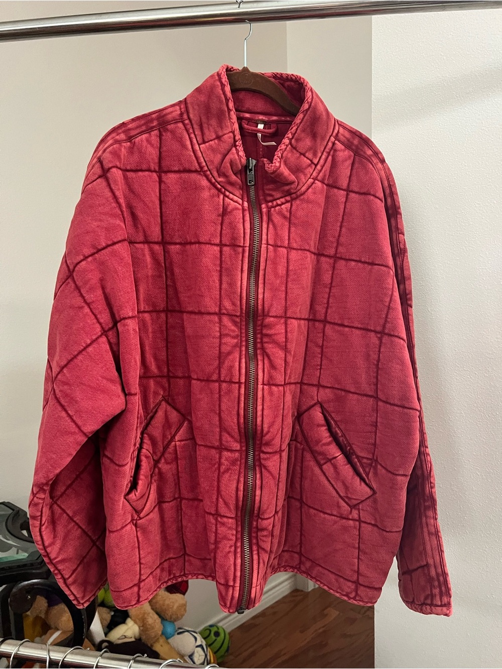 Free People Quilted Windowpane Zip-Up Jacket in Red